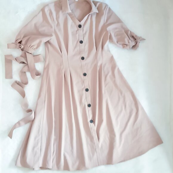 Reina Tan Collared Button Up Midi Tie Waist Coat or Dress - Picture 2 of 16